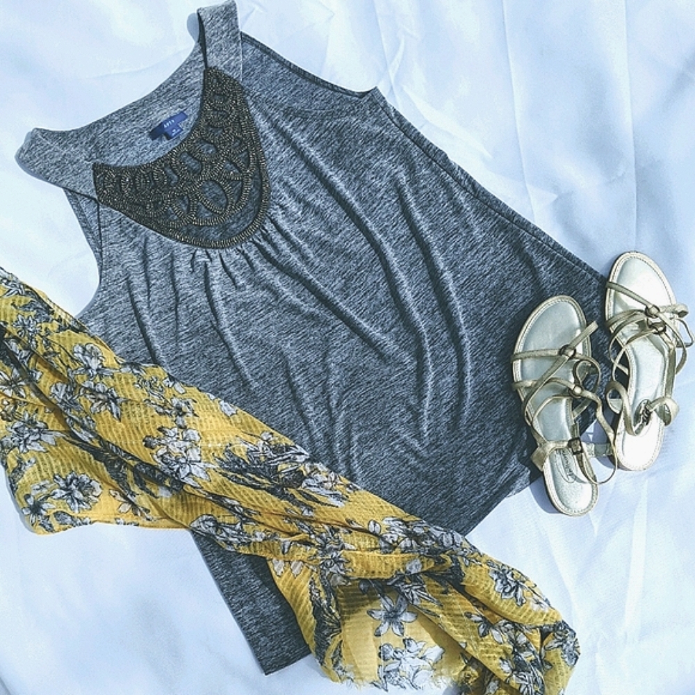 Apt 9 Embellished Silver Gray Tank Top sz Med Sleeveless Boho Unique Comfy